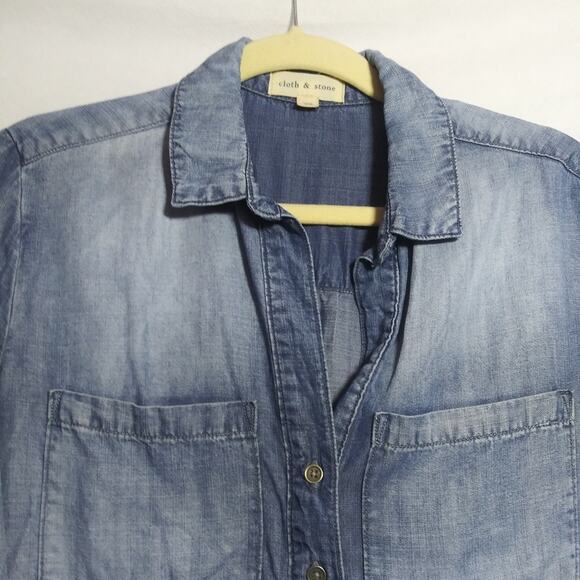 Cloth & Stone Anthropologie Chambray Denim Pop Over Top Roll Tab Sleeve Size Xs - Picture 4 of 8